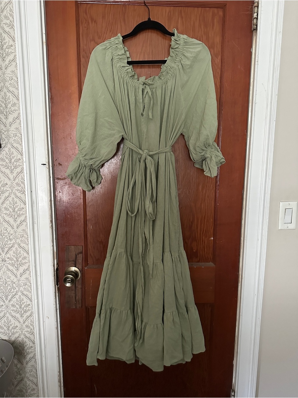 Sage Green Maxi Peasant Dress with Tie Waist
